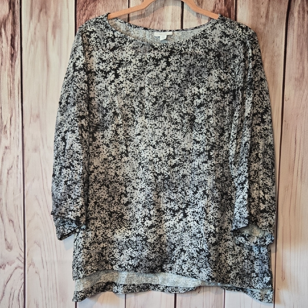 purejill Petite Black and White Floral Women's Blouse Size PL